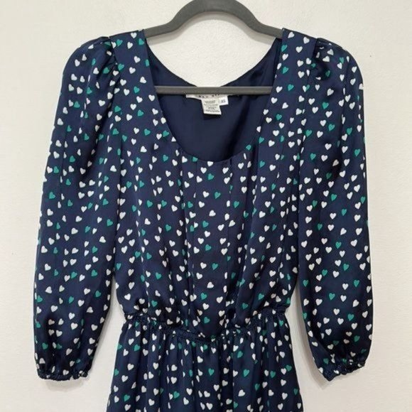 Max Studio Heart Print 3/4 Balloon Sleeve Lace Trim Satin Mini Dress Size XS - Picture 2 of 6